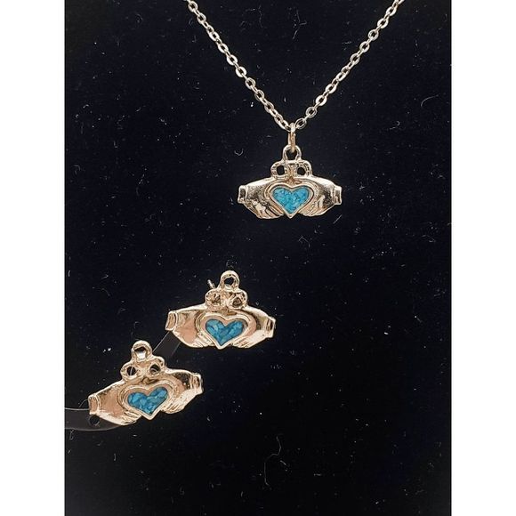 Silver-tone and Turquoise Praying Hands Necklace/Earring Set - 16" - Picture 1 of 4